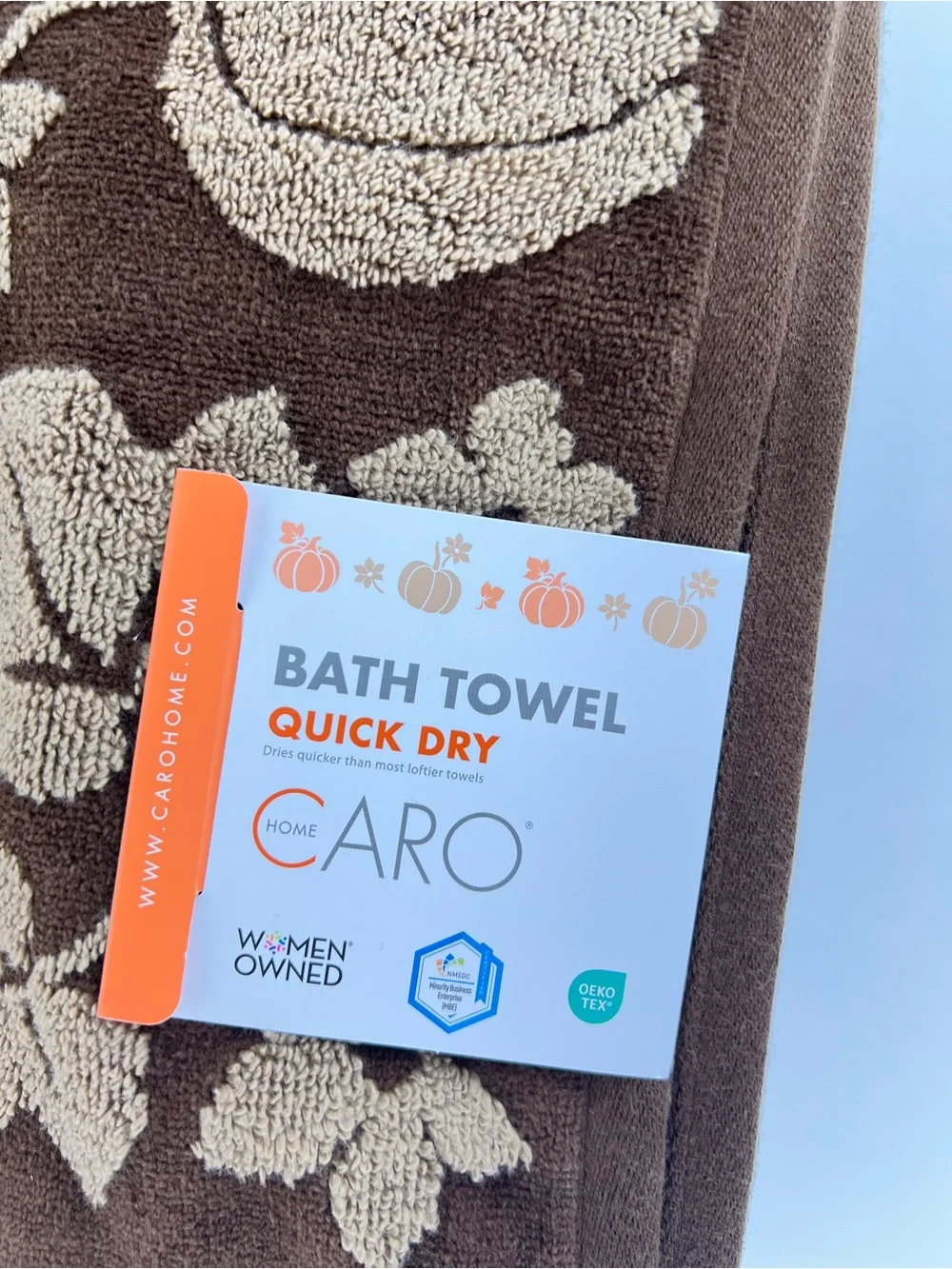Caro Home Bath Towels Pumpkins Leaves Brown Tan Soft Cotton FALL Decor  2 Pc NEW